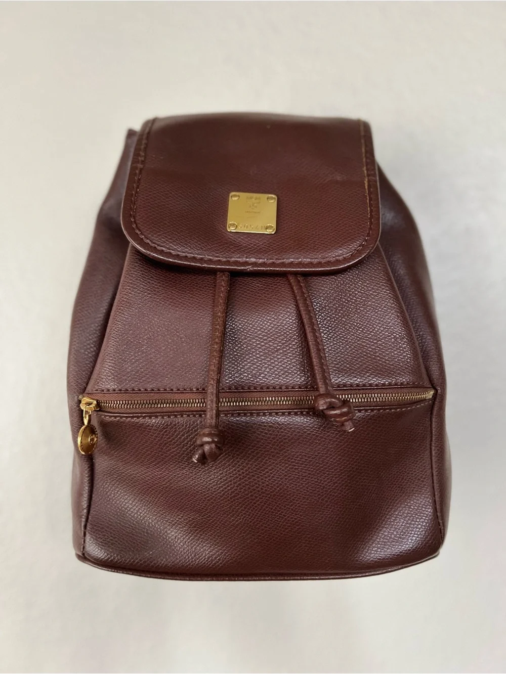 Rare Vintage MCM Brown Leather Drawstring Mini Backpack